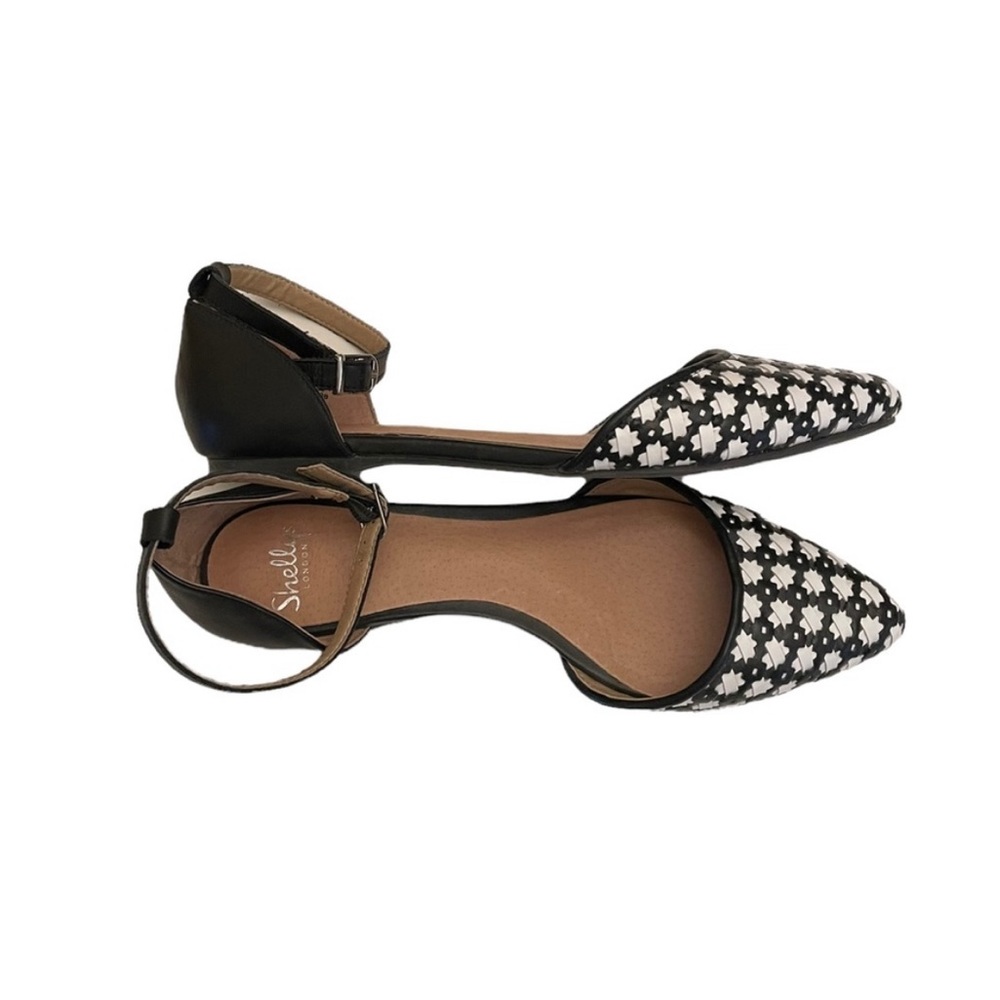 Shellys London black & white Dorsay adjustable ankle straps flat shoes size 10